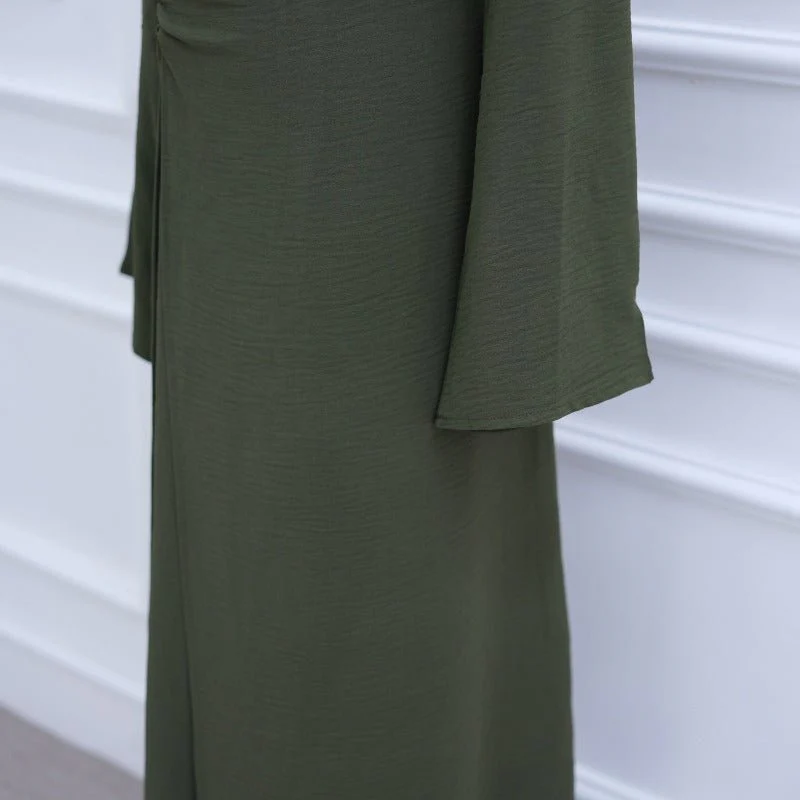 Ice Silk Crinkle Round Neck A-Line Work Dress with Decorative Button & Built-in Belt(MA308) - Image 6