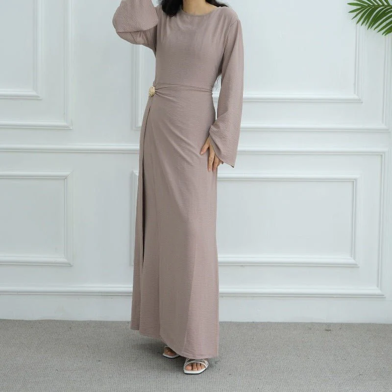 Ice Silk Crinkle Round Neck A-Line Work Dress with Decorative Button & Built-in Belt(MA308) - Image 8