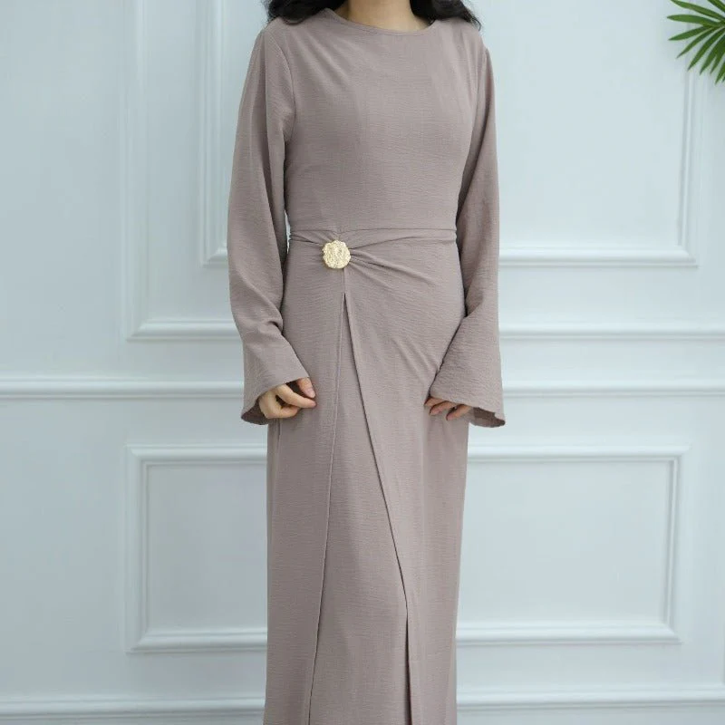 Ice Silk Crinkle Round Neck A-Line Work Dress with Decorative Button & Built-in Belt(MA308) - Image 9