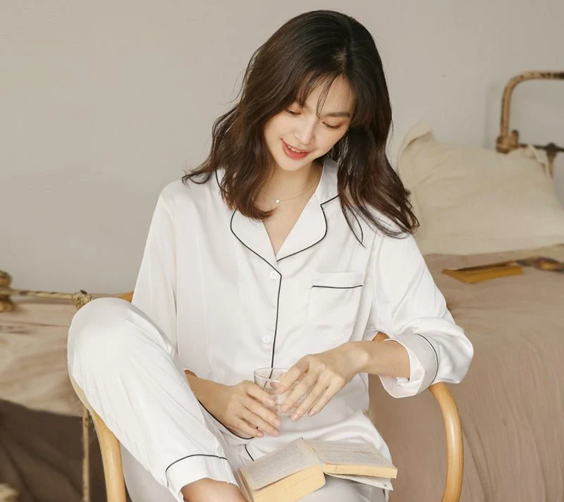 Ice Silk Women's Long Sleeve Pajama Soft & Comfortable Two-Piece Set(MS084) - Image 3