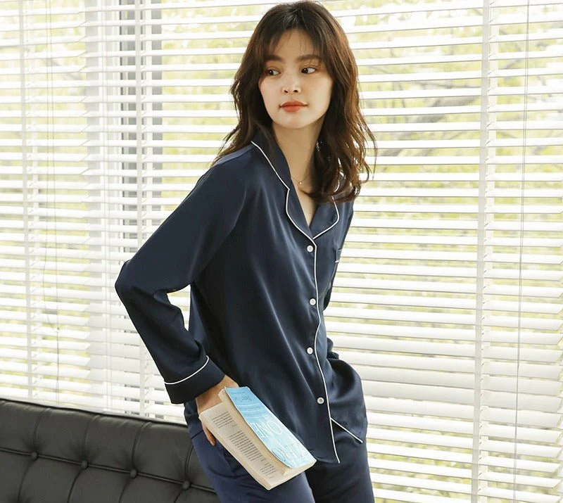 Ice Silk Women's Long Sleeve Pajama Soft & Comfortable Two-Piece Set(MS084) - Image 4