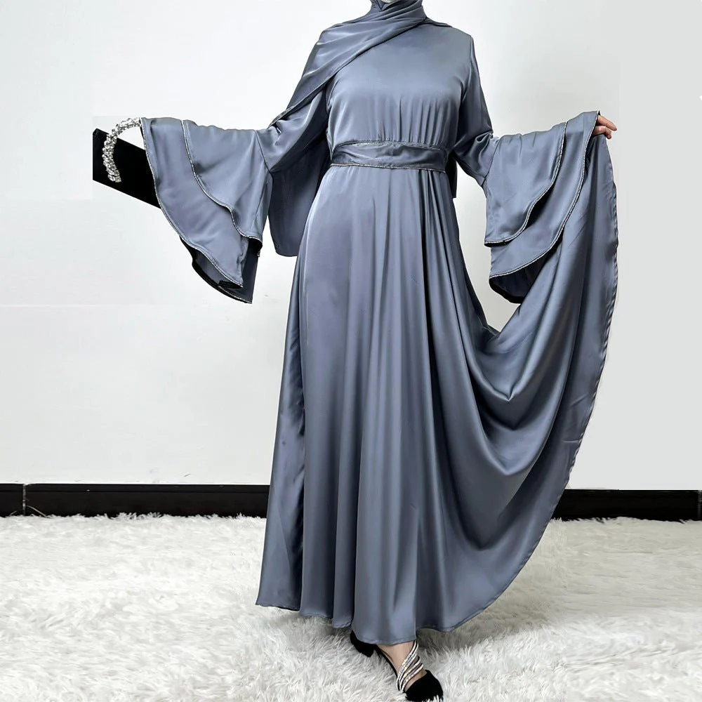 Diamond Modest Bell Sleeve Adjustable Waist Kaftan Dress Abaya with Hijab (MA169) - Image 3