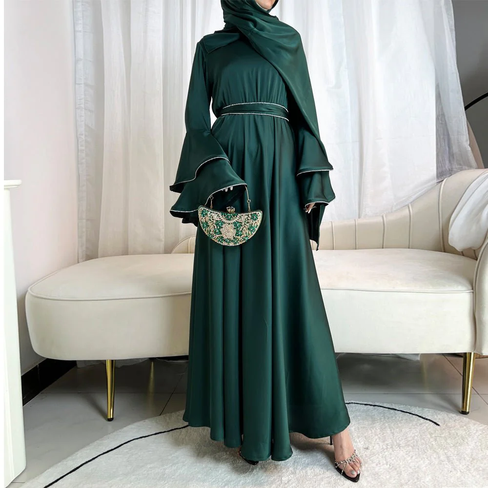 Diamond Modest Bell Sleeve Adjustable Waist Kaftan Dress Abaya with Hijab (MA169) - Image 4
