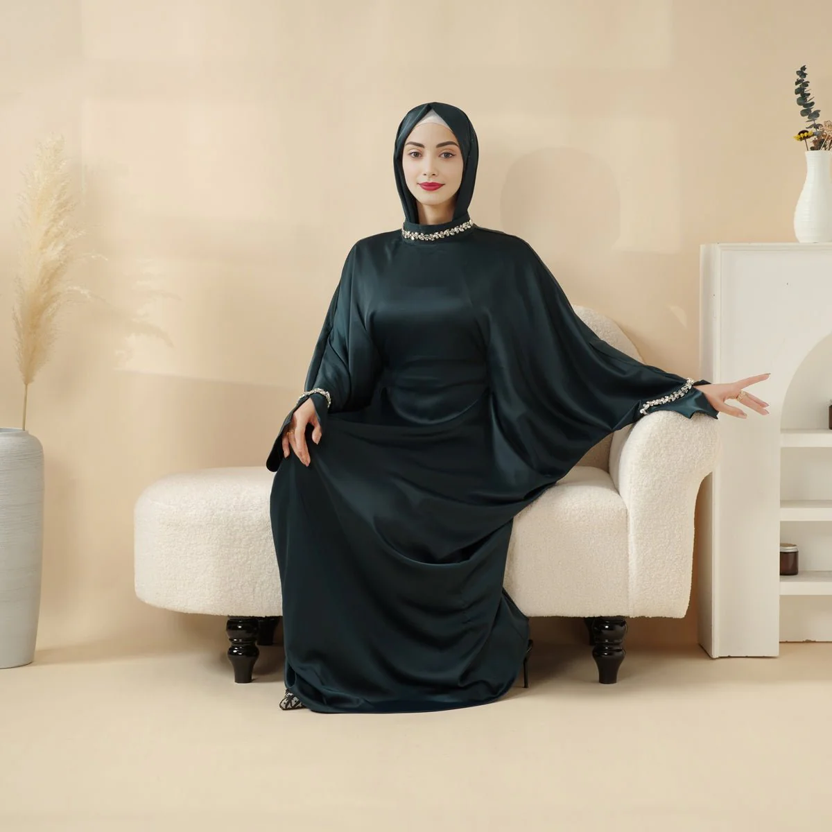 Kaftan Batwing Sleeve Luxury Satin Diamond Abaya 2-Piece Set (MA121) - Image 10