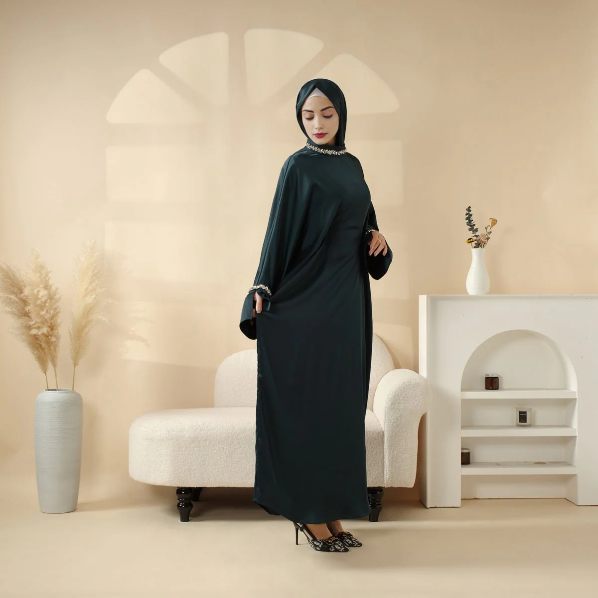 Kaftan Batwing Sleeve Luxury Satin Diamond Abaya 2-Piece Set (MA121) - Image 11