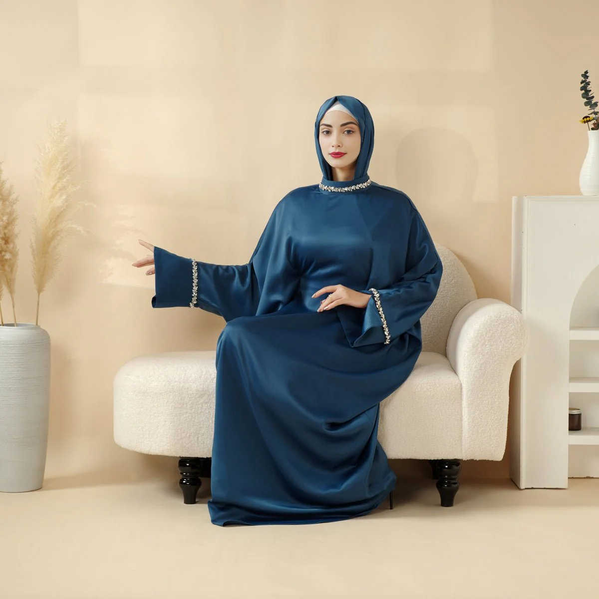 Kaftan Batwing Sleeve Luxury Satin Diamond Abaya 2-Piece Set (MA121) - Image 12