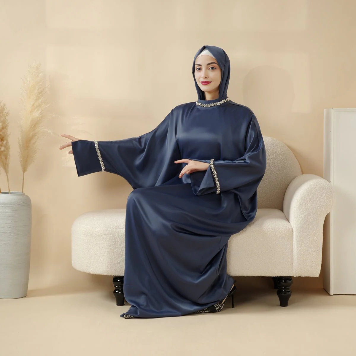 Kaftan Batwing Sleeve Luxury Satin Diamond Abaya 2-Piece Set (MA121) - Image 13