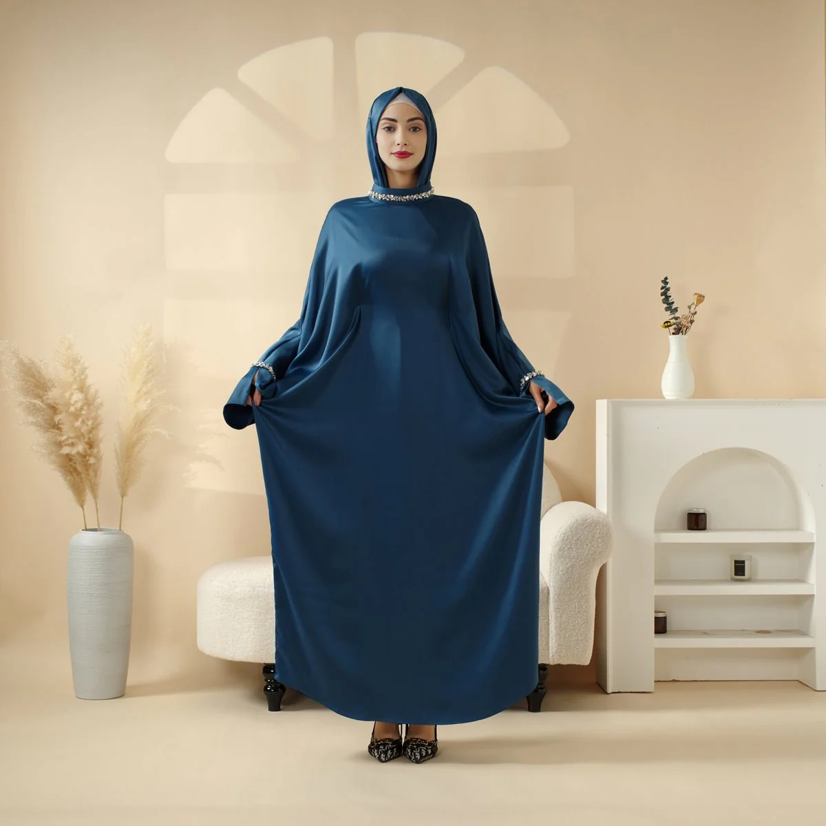 Kaftan Batwing Sleeve Luxury Satin Diamond Abaya 2-Piece Set (MA121) - Image 4