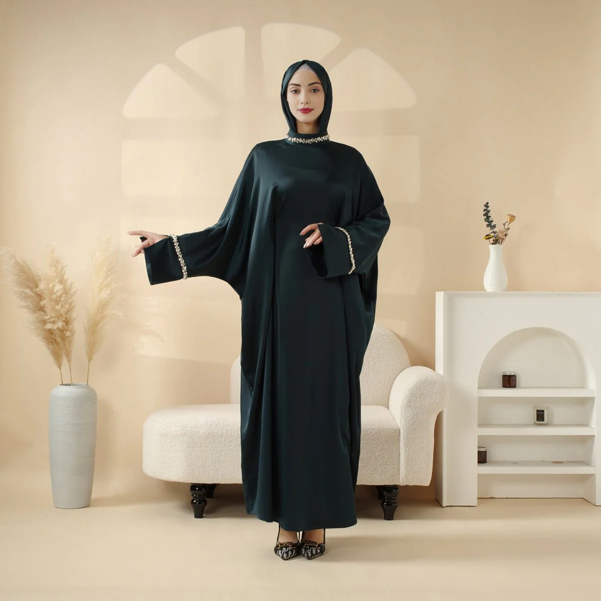 Kaftan Batwing Sleeve Luxury Satin Diamond Abaya 2-Piece Set (MA121) - Image 5
