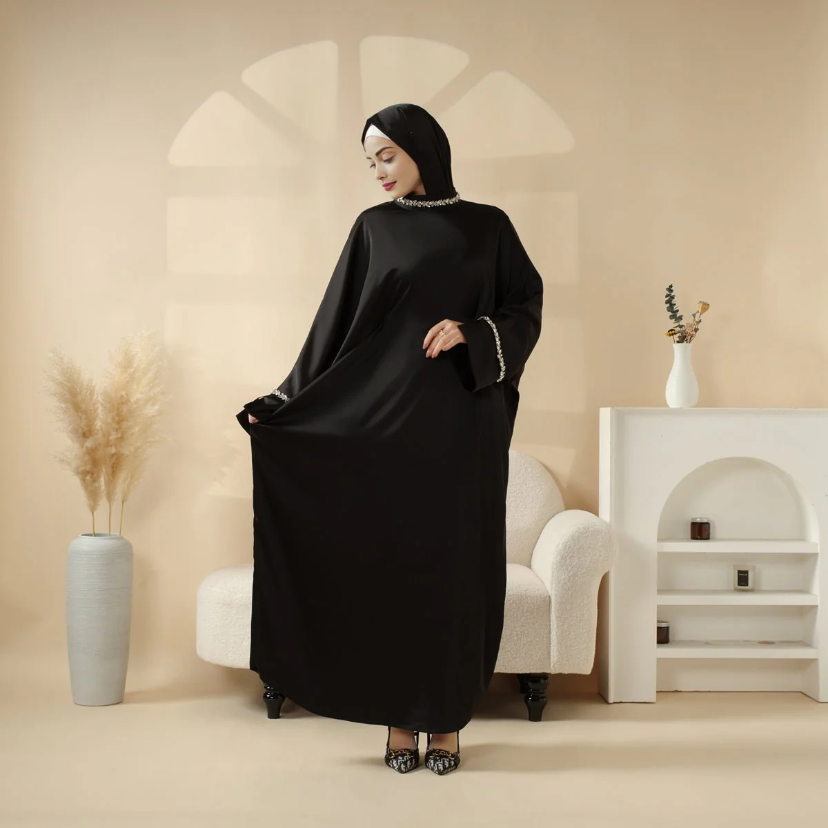 Kaftan Batwing Sleeve Luxury Satin Diamond Abaya 2-Piece Set (MA121) - Image 6