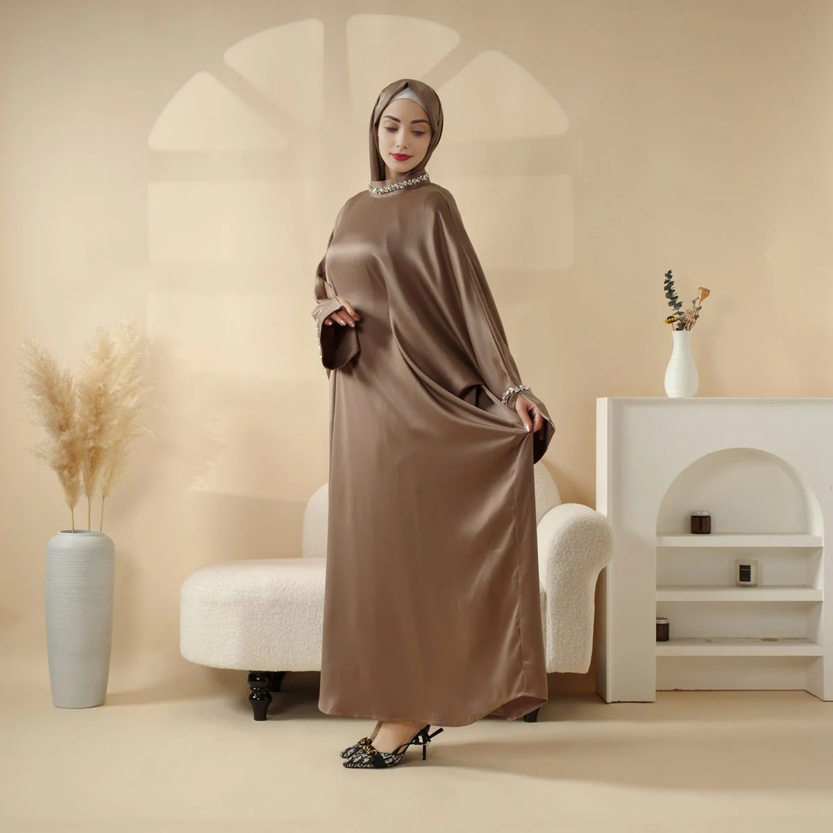 Kaftan Batwing Sleeve Luxury Satin Diamond Abaya 2-Piece Set (MA121) - Image 8