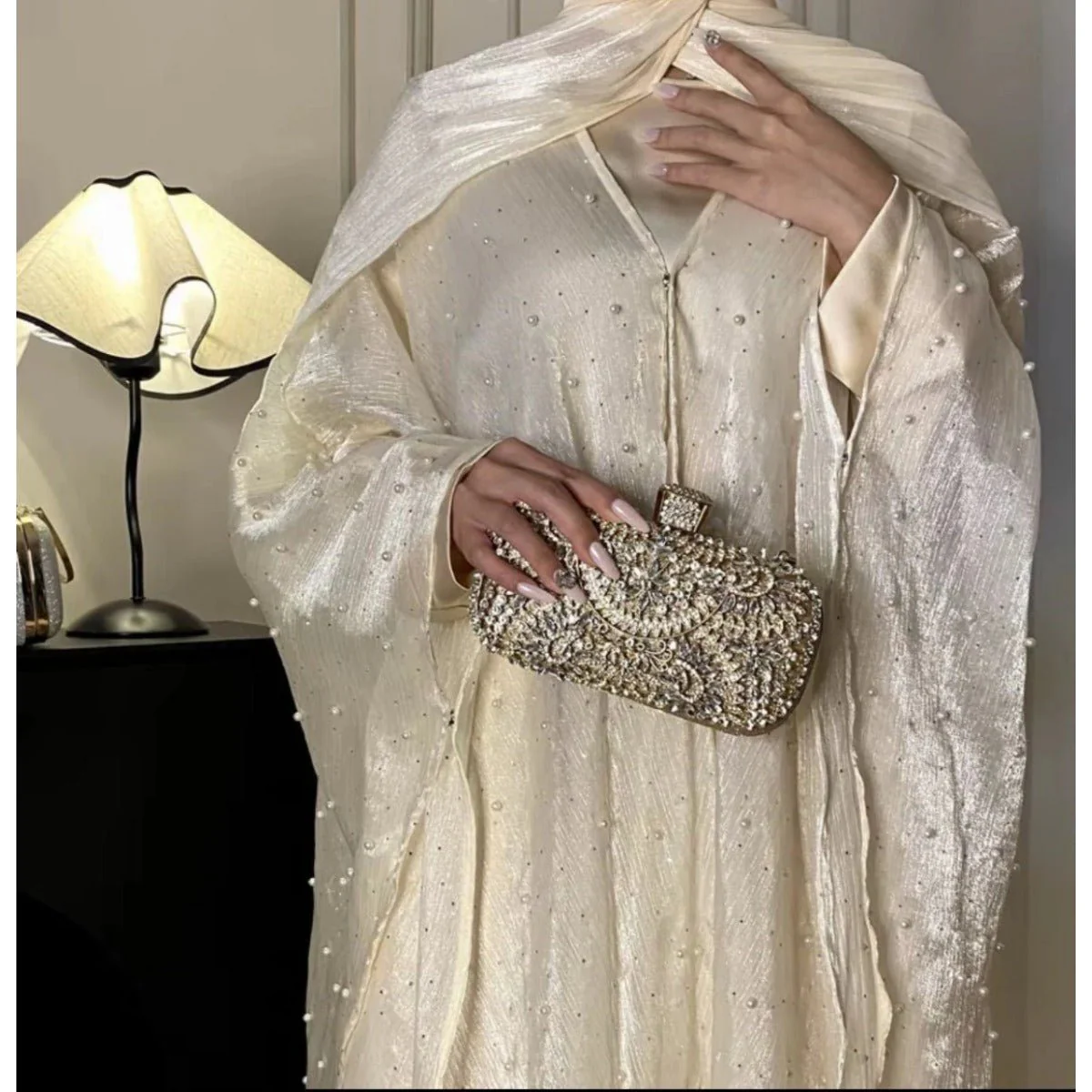 Kaftan Beaded Dazzling Shiny Open Abaya 2-Piece Set (MOA111) - Image 5