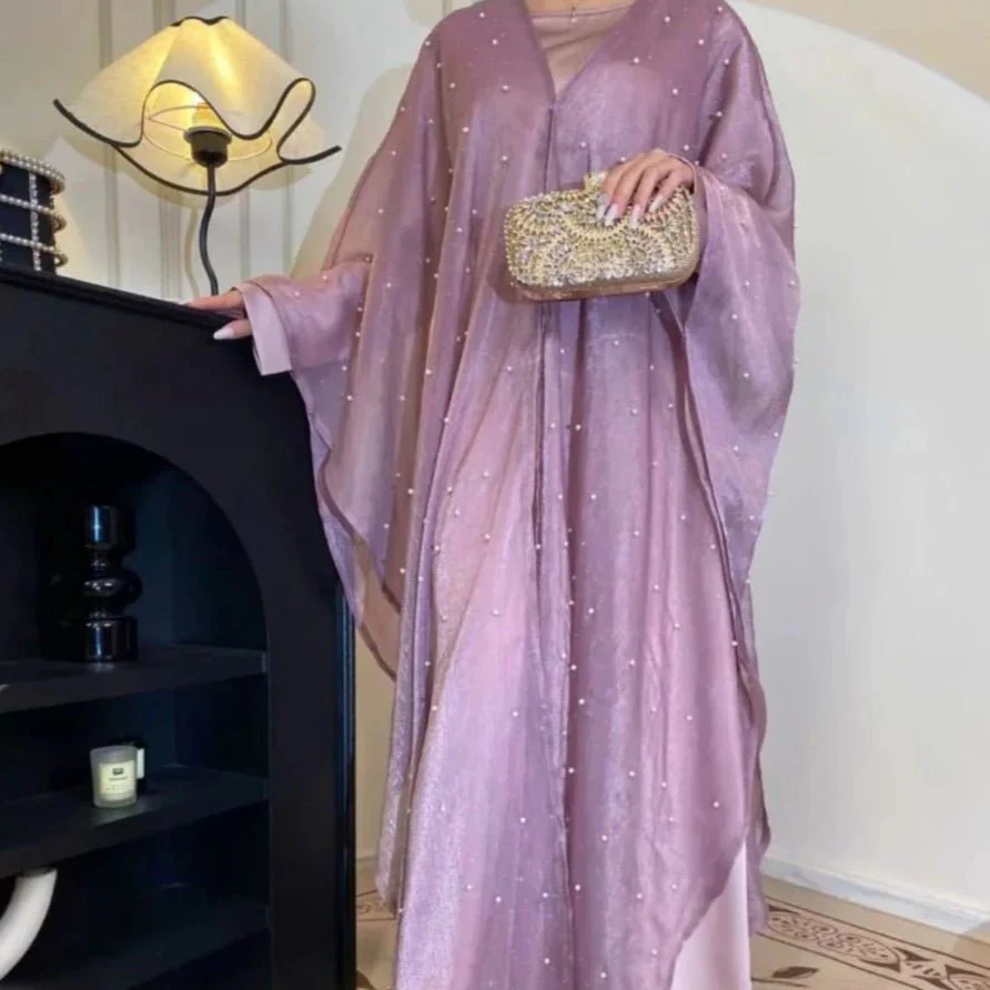 Kaftan Beaded Dazzling Shiny Open Abaya 2-Piece Set (MOA111) - Image 8