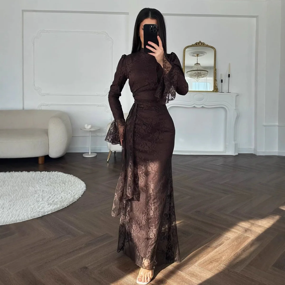 Lace Bodycon Evening Dress with Bell Sleeves(MS391)