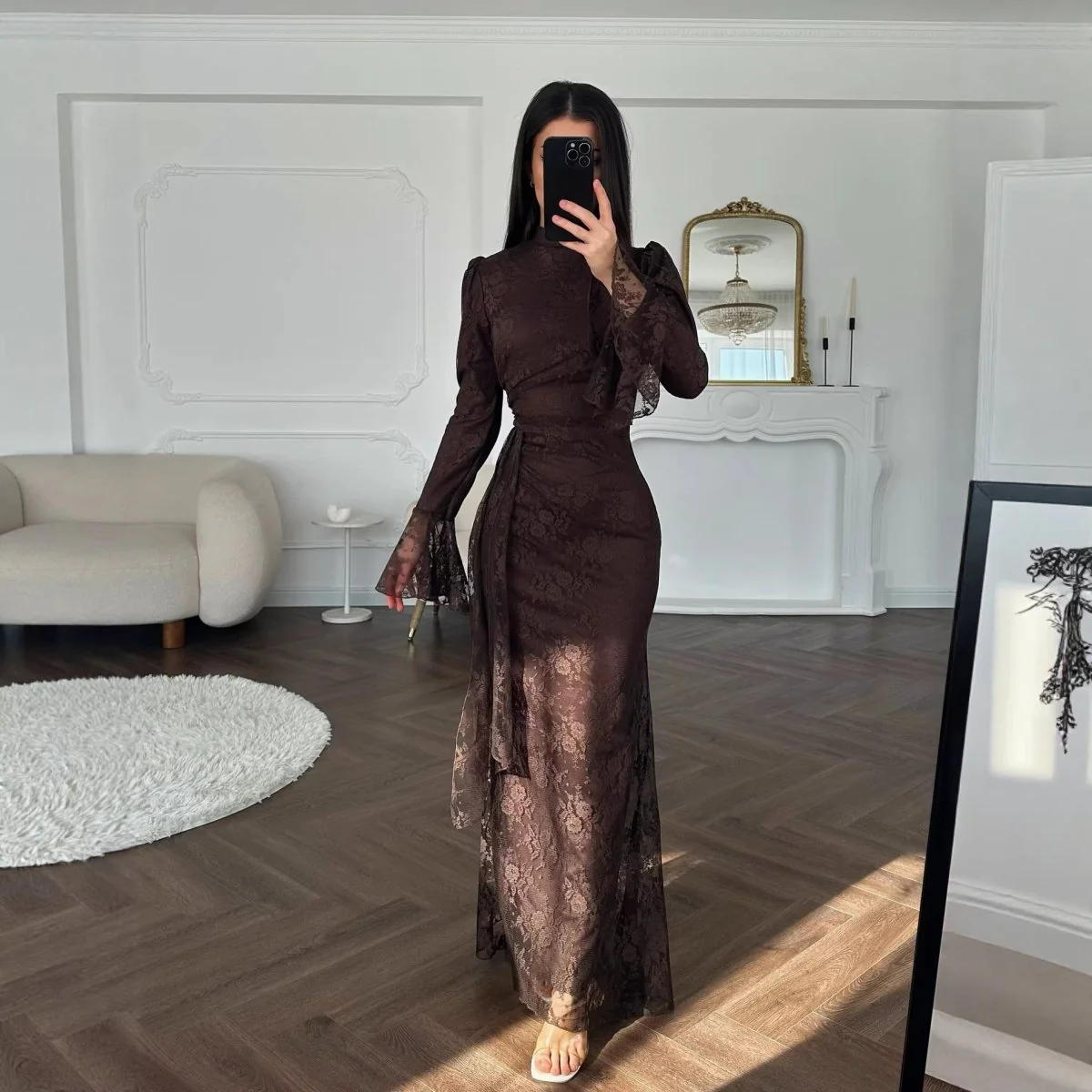 Lace Bodycon Evening Dress with Bell Sleeves(MS391) - Image 2