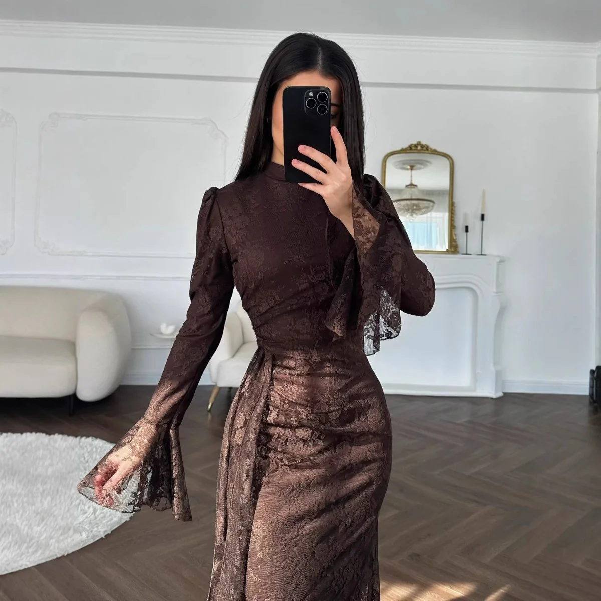 Lace Bodycon Evening Dress with Bell Sleeves(MS391) - Image 3