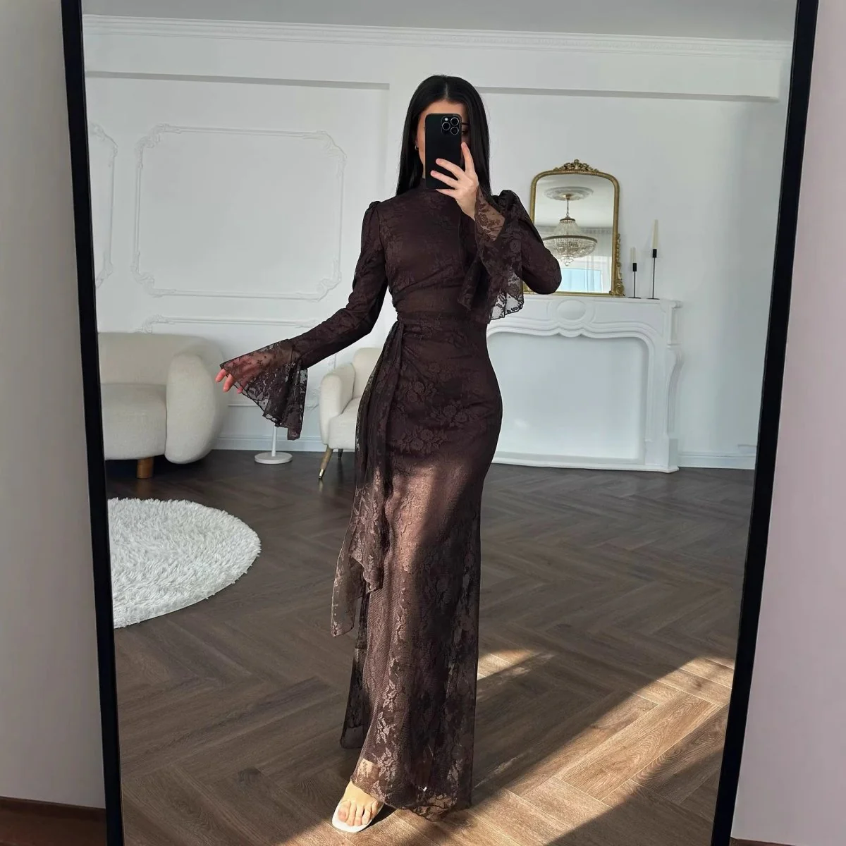 Lace Bodycon Evening Dress with Bell Sleeves(MS391) - Image 4