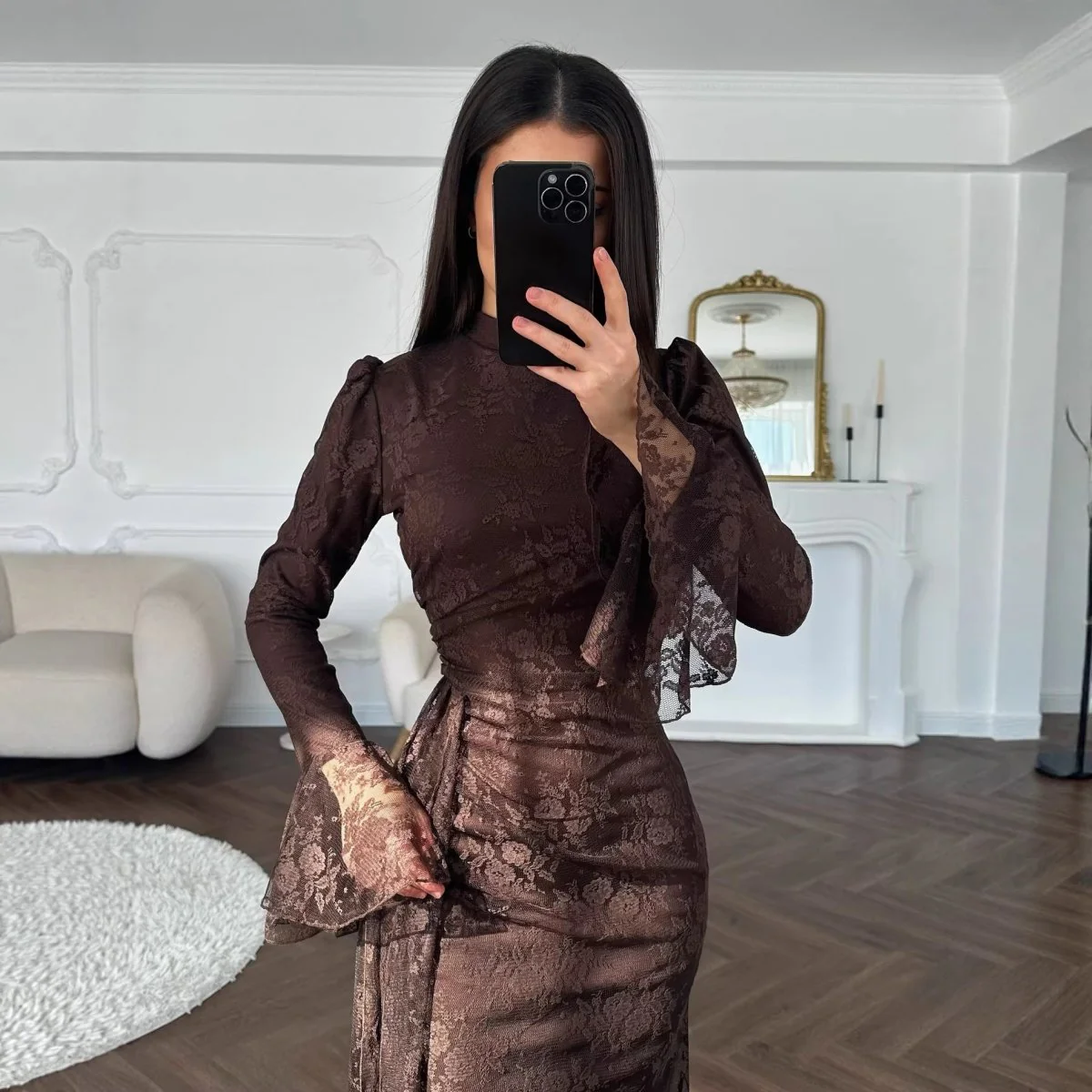 Lace Bodycon Evening Dress with Bell Sleeves(MS391) - Image 5
