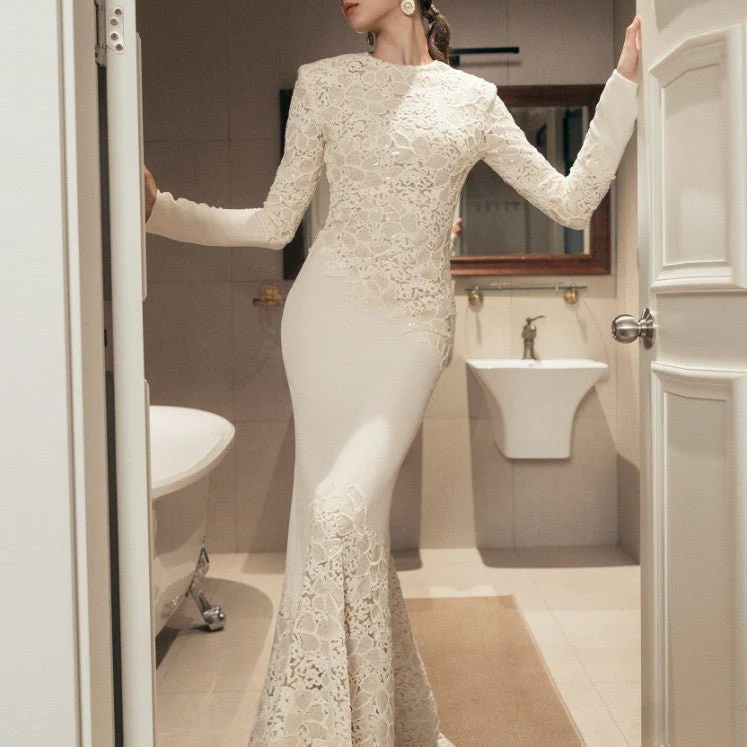 Lace Embroidered Mermaid Gown | Vintage Elegant Fishtail Maxi Dress (MS215) - Image 7