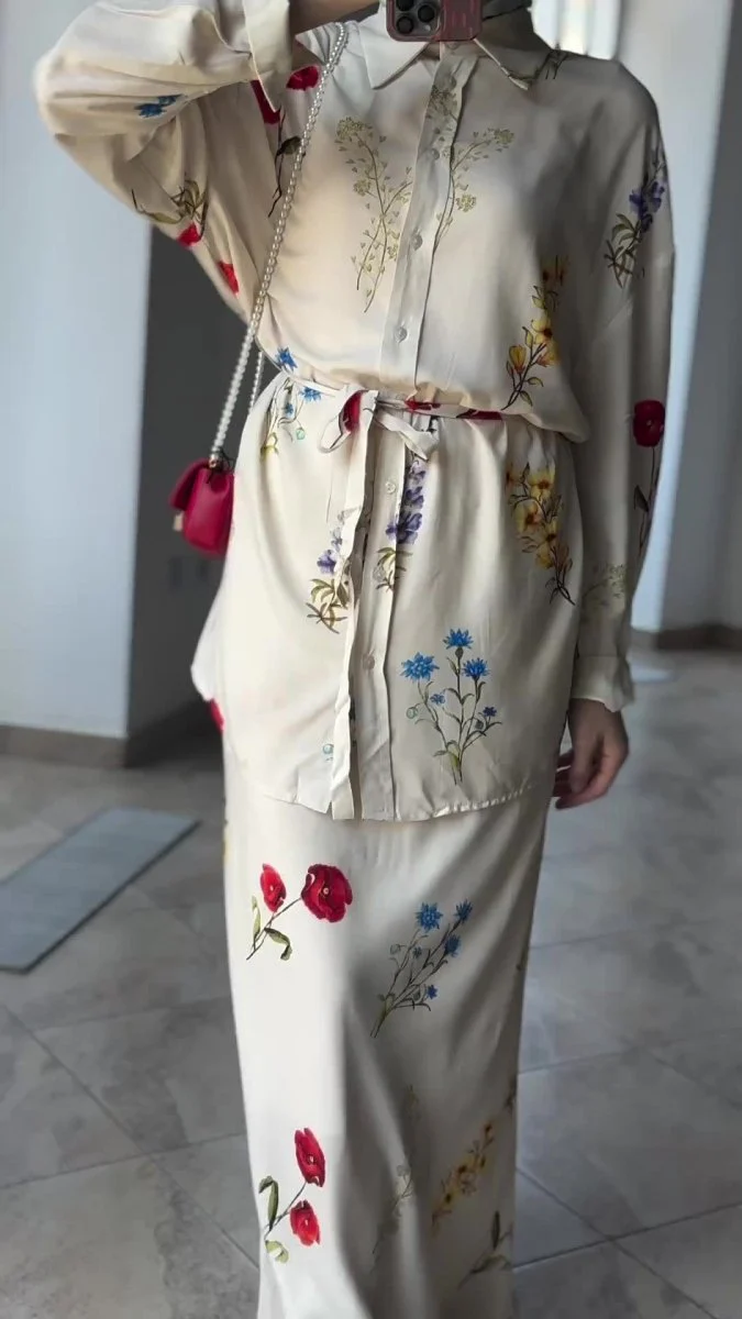 Lace-Up Thin Fashion Flower Print Dress Set(MS082) - Image 5