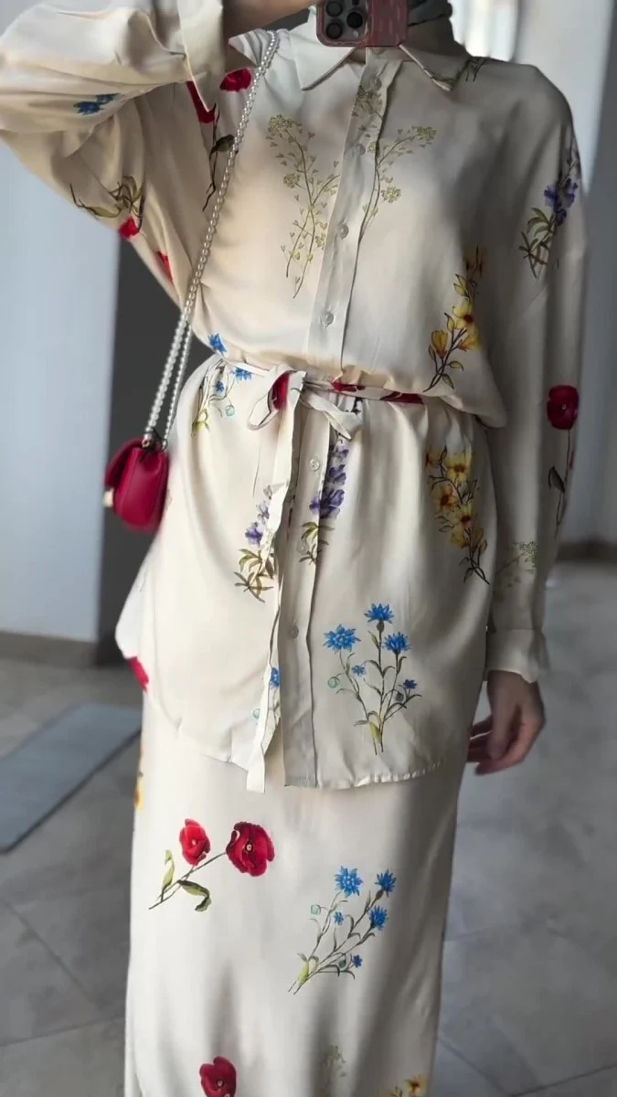Lace-Up Thin Fashion Flower Print Dress Set(MS082) - Image 6