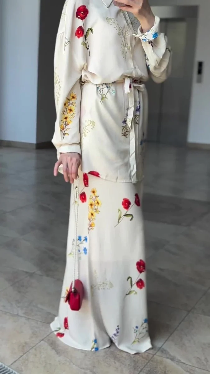 Lace-Up Thin Fashion Flower Print Dress Set(MS082) - Image 7