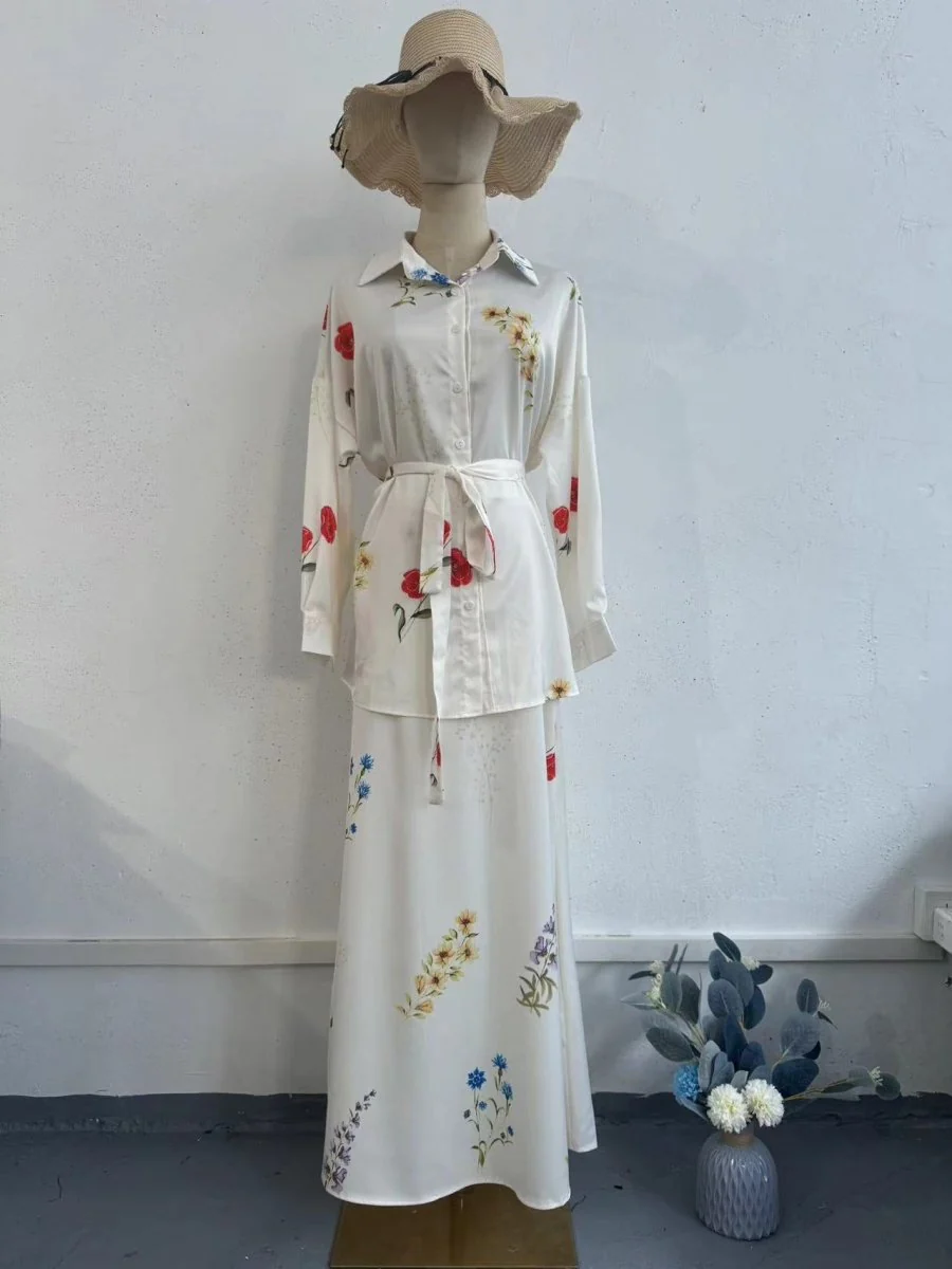 Lace-Up Thin Fashion Flower Print Dress Set(MS082) - Image 8
