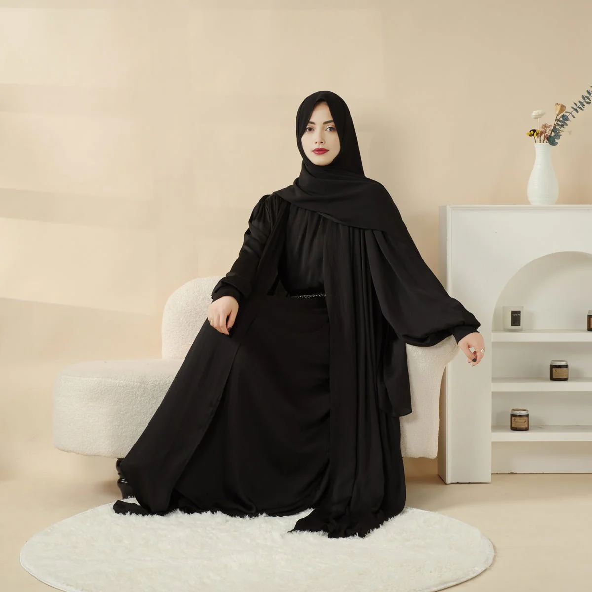 Lantern Sleeve Abaya, 4-Piece Set Large Pleated Sleeves Abaya (MOA084) - Image 12