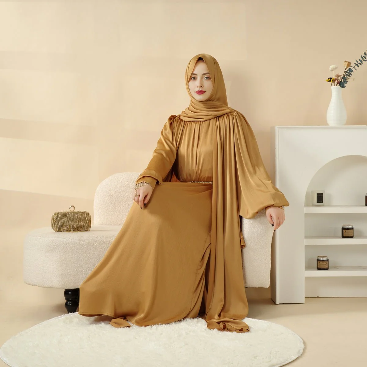 Lantern Sleeve Abaya, 4-Piece Set Large Pleated Sleeves Abaya (MOA084) - Image 13