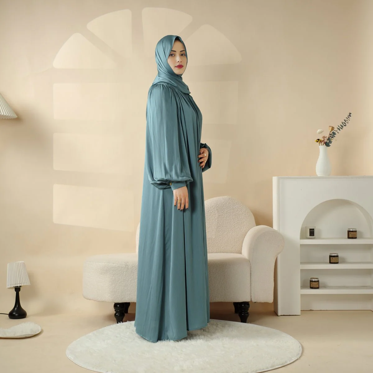 Lantern Sleeve Abaya, 4-Piece Set Large Pleated Sleeves Abaya (MOA084) - Image 14