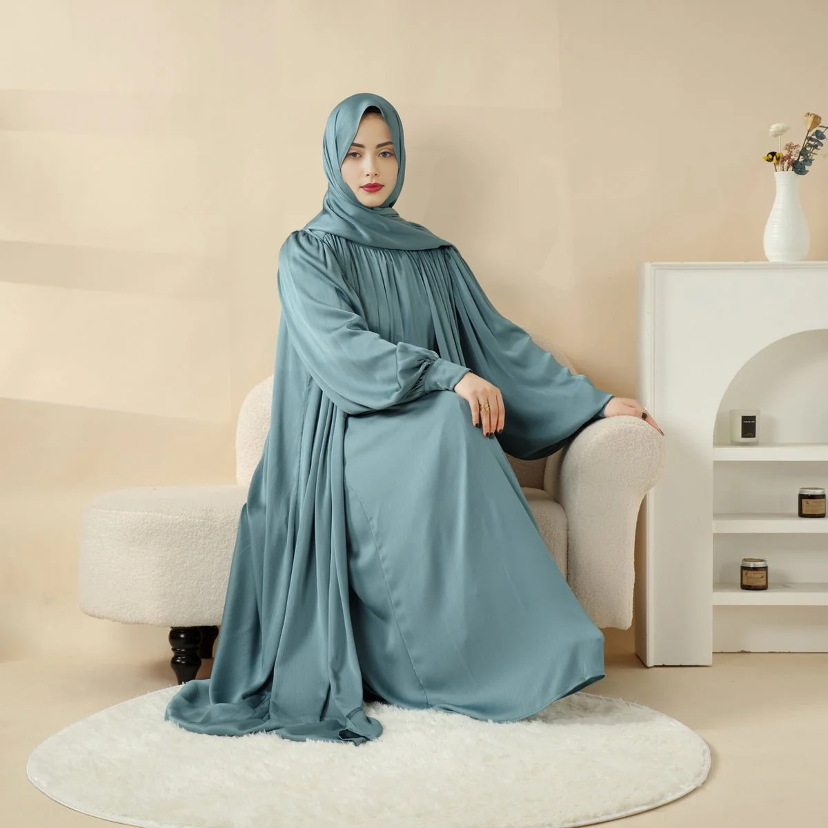 Lantern Sleeve Abaya, 4-Piece Set Large Pleated Sleeves Abaya (MOA084) - Image 15