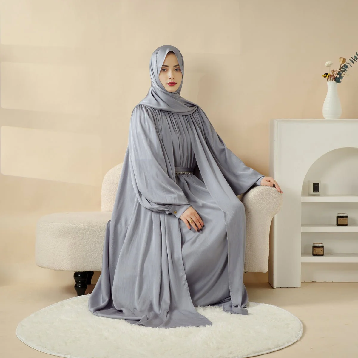 Lantern Sleeve Abaya, 4-Piece Set Large Pleated Sleeves Abaya (MOA084) - Image 17