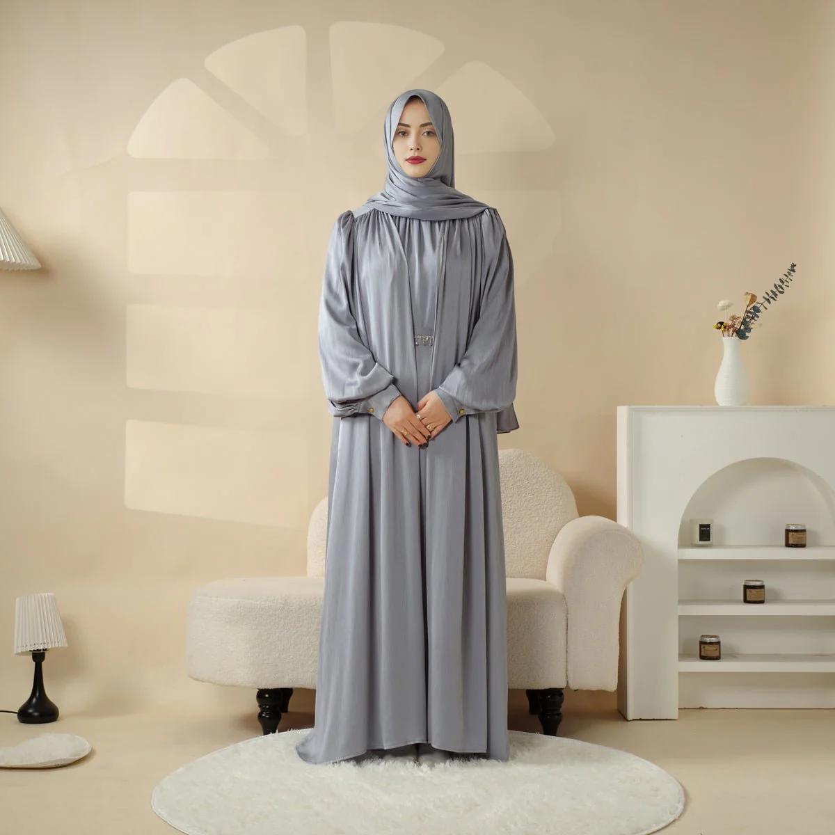Lantern Sleeve Abaya, 4-Piece Set Large Pleated Sleeves Abaya (MOA084) - Image 3