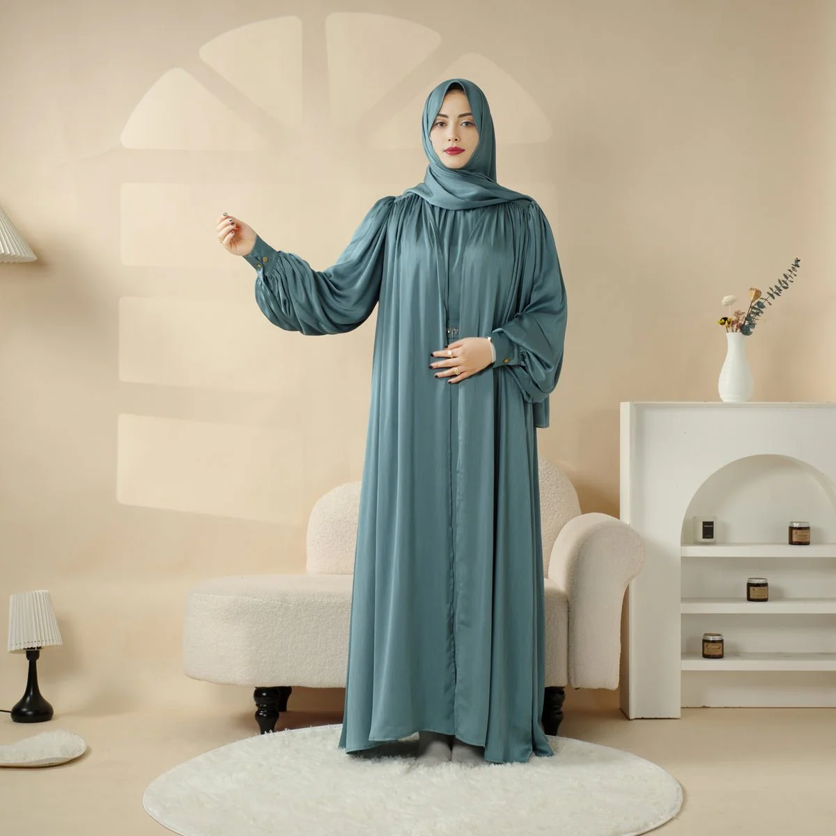 Lantern Sleeve Abaya, 4-Piece Set Large Pleated Sleeves Abaya (MOA084) - Image 4