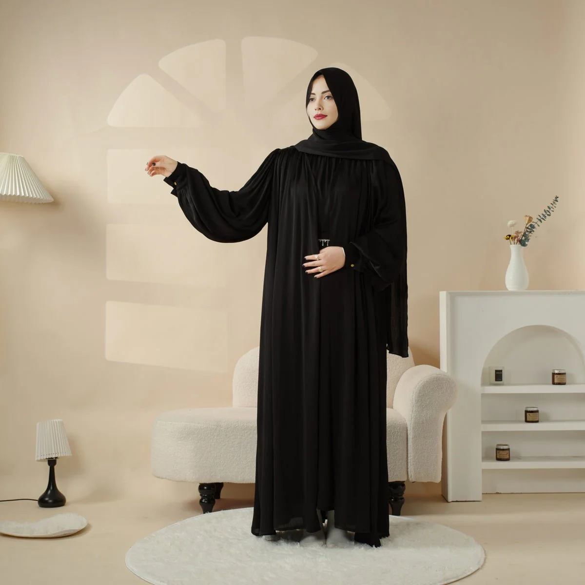Lantern Sleeve Abaya, 4-Piece Set Large Pleated Sleeves Abaya (MOA084) - Image 5