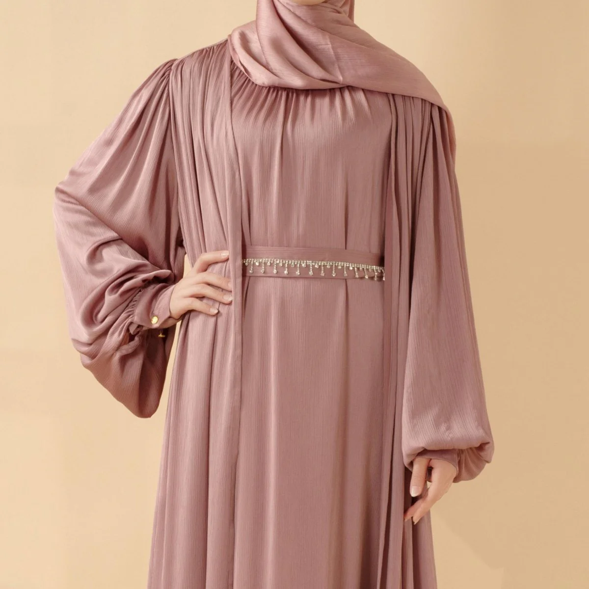 Lantern Sleeve Abaya, 4-Piece Set Large Pleated Sleeves Abaya (MOA084) - Image 7