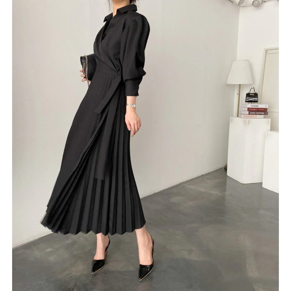 Lapel Bow Tie Waist Dress | Skinny Bubble Sleeve Pleated Midi Dress (MA240) - Image 10
