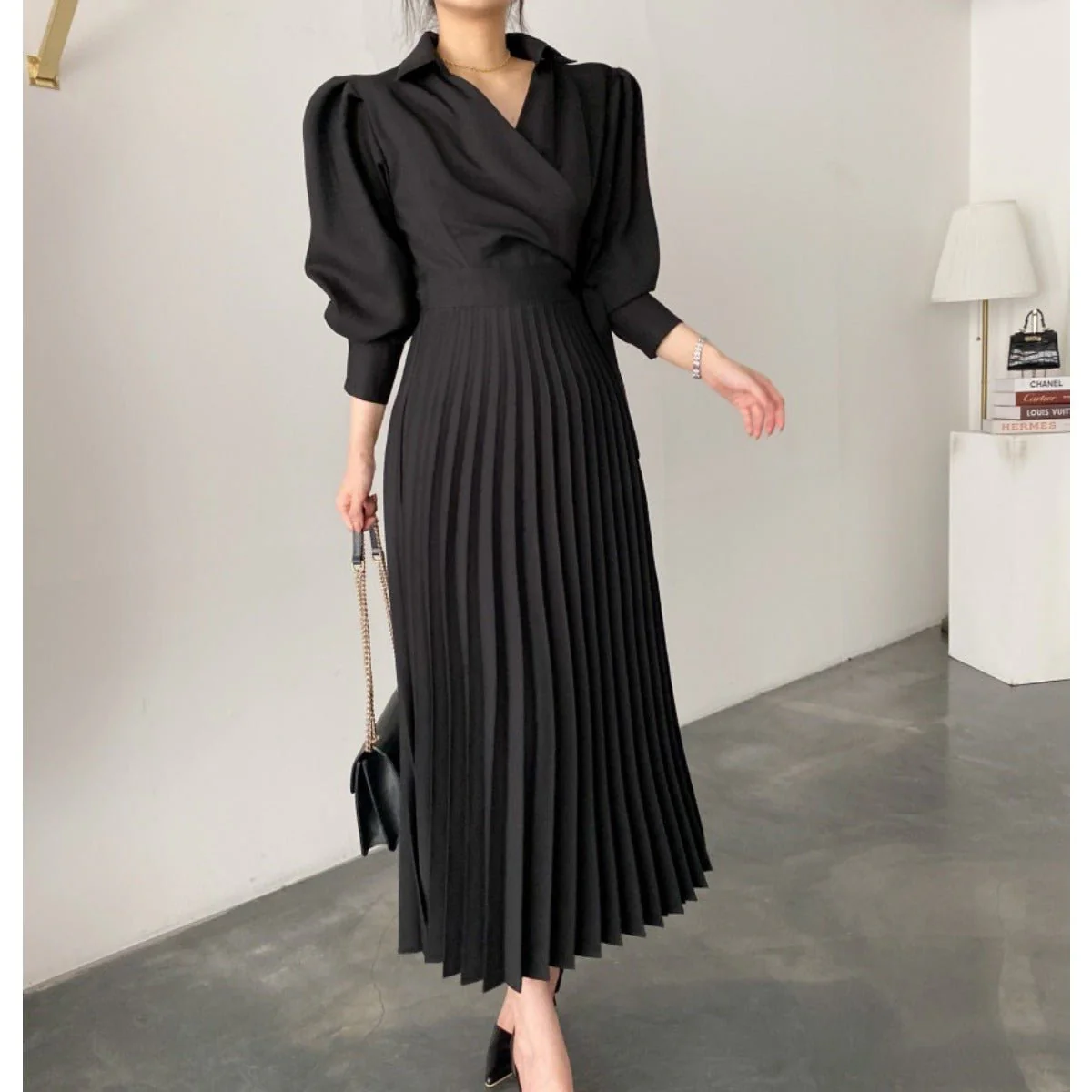 Lapel Bow Tie Waist Dress | Skinny Bubble Sleeve Pleated Midi Dress (MA240) - Image 11