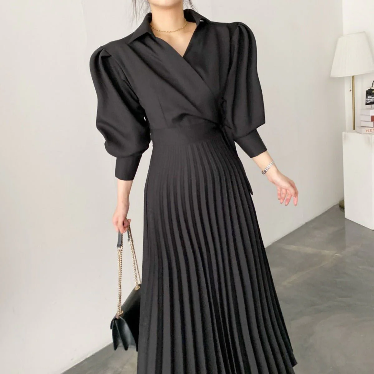 Lapel Bow Tie Waist Dress | Skinny Bubble Sleeve Pleated Midi Dress (MA240) - Image 12