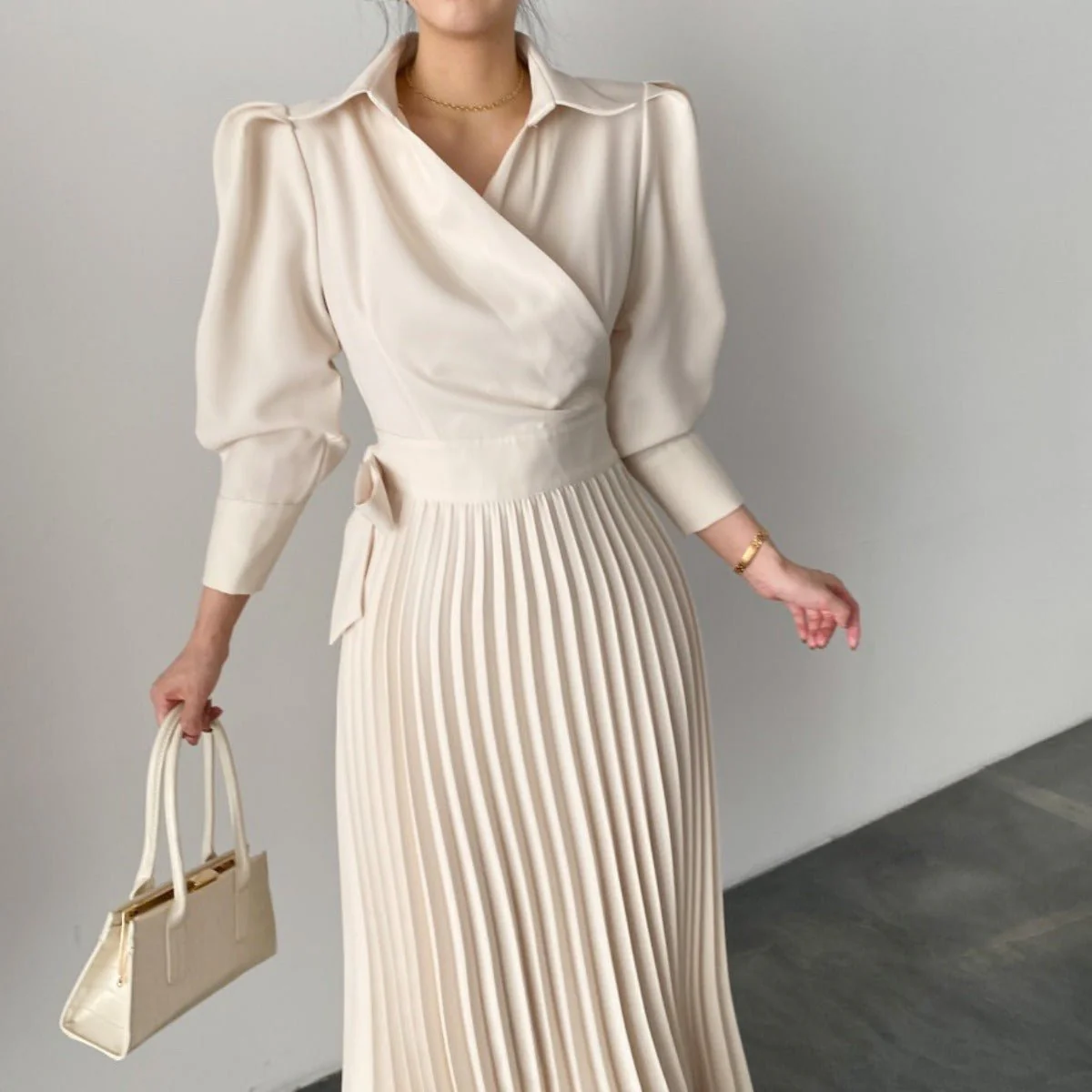 Lapel Bow Tie Waist Dress | Skinny Bubble Sleeve Pleated Midi Dress (MA240) - Image 3