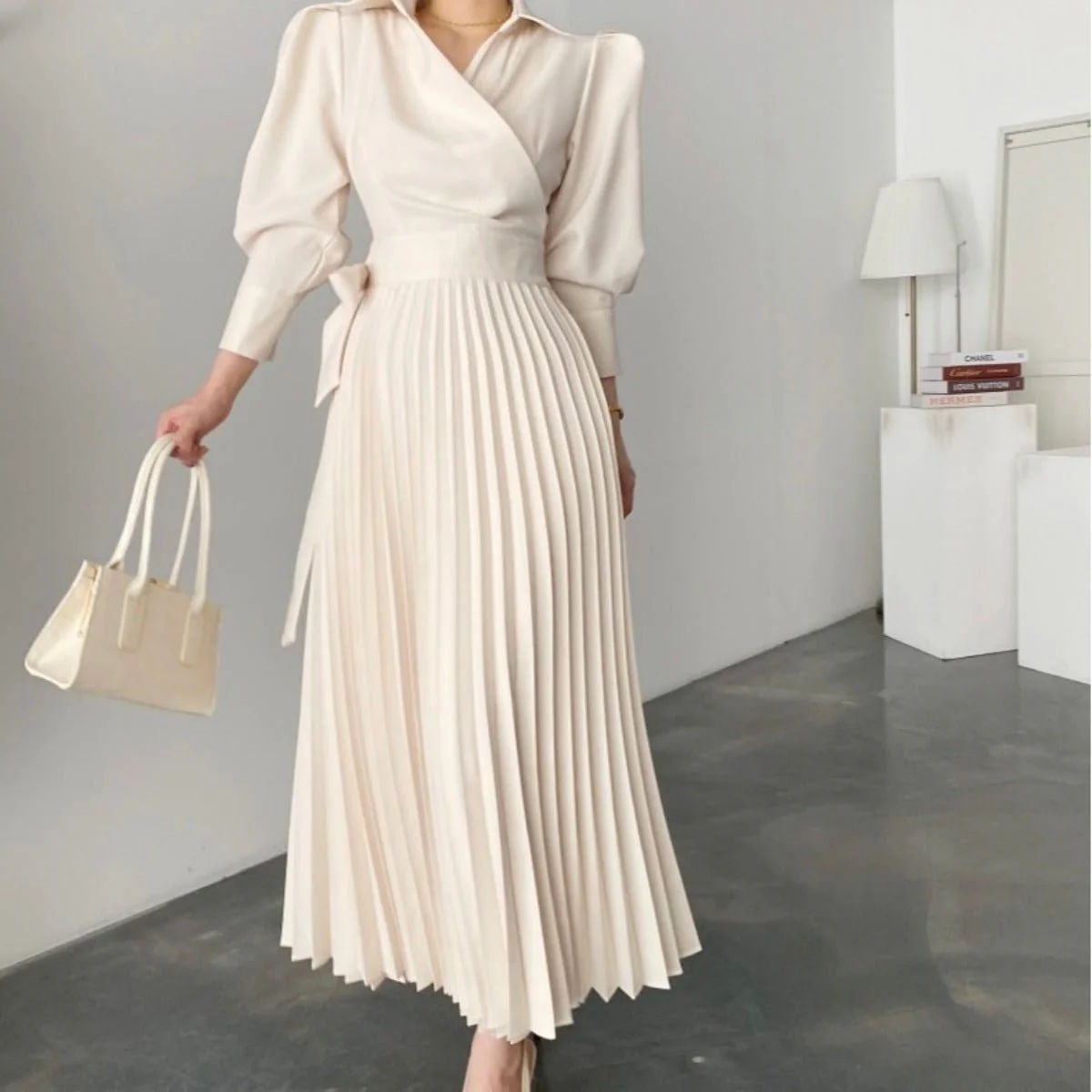 Lapel Bow Tie Waist Dress | Skinny Bubble Sleeve Pleated Midi Dress (MA240) - Image 4