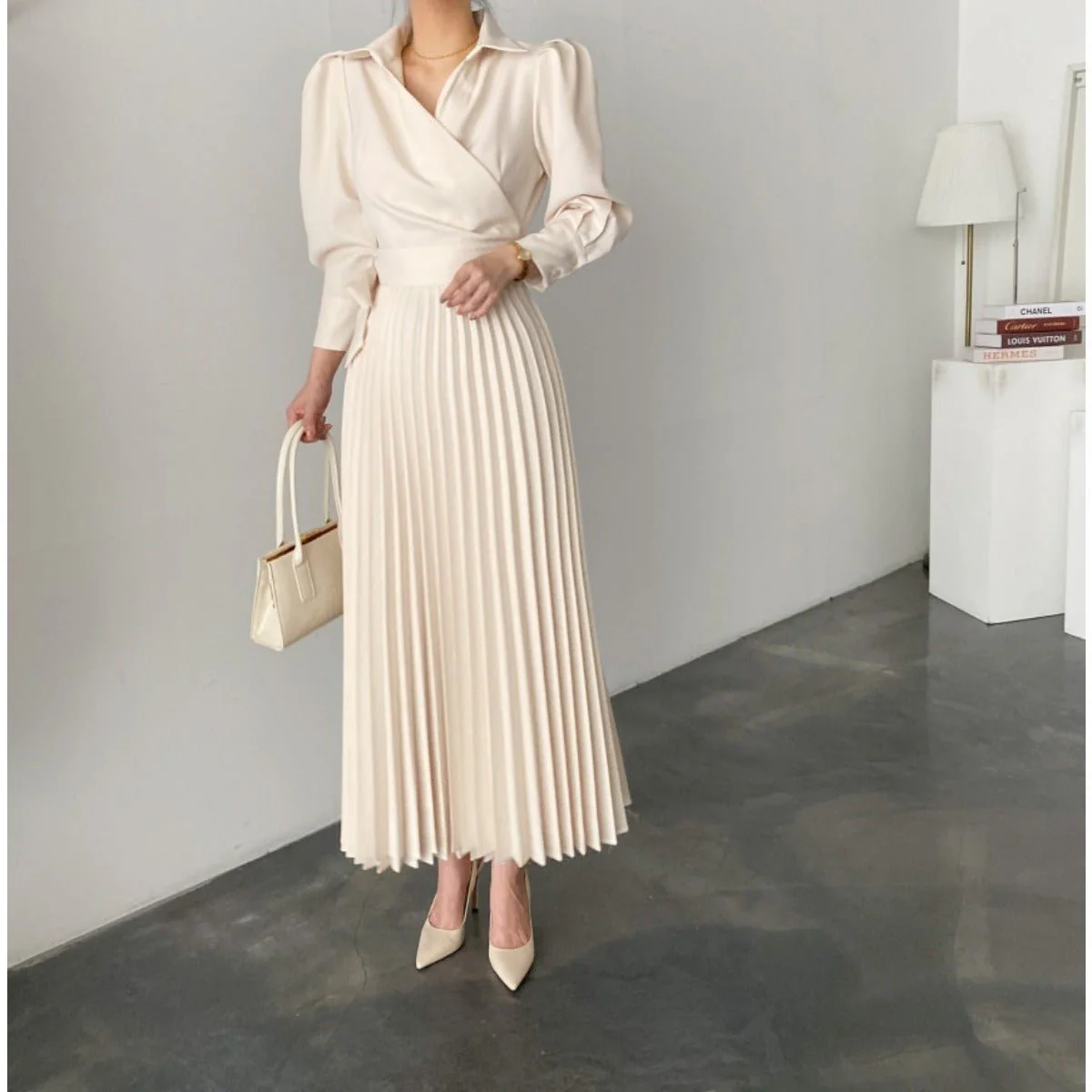 Lapel Bow Tie Waist Dress | Skinny Bubble Sleeve Pleated Midi Dress (MA240) - Image 5