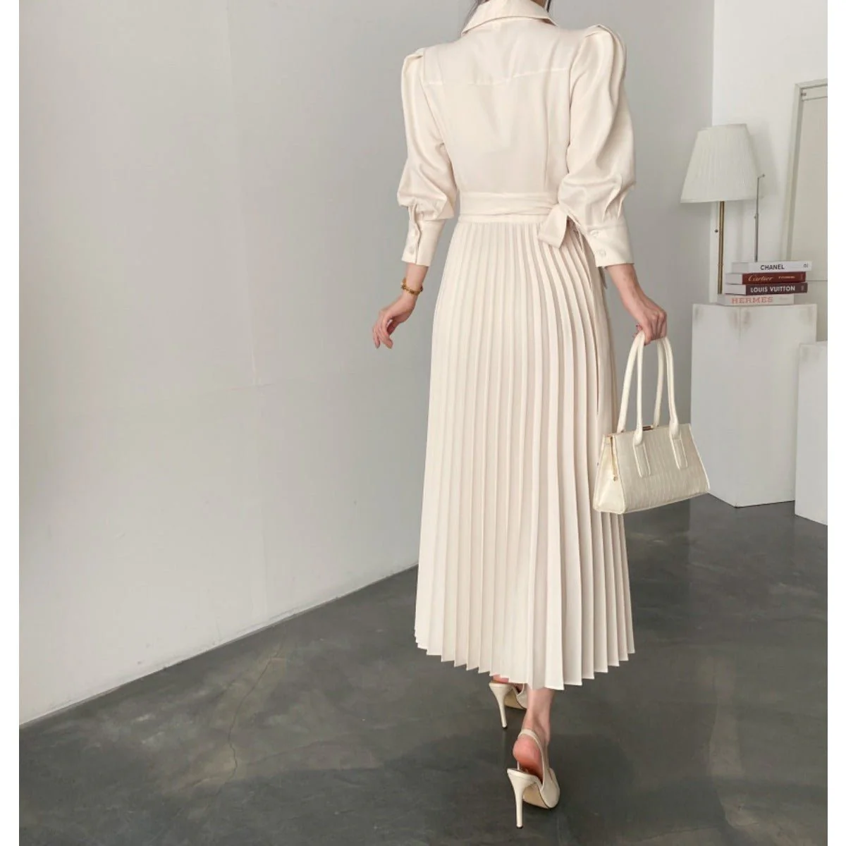 Lapel Bow Tie Waist Dress | Skinny Bubble Sleeve Pleated Midi Dress (MA240) - Image 6