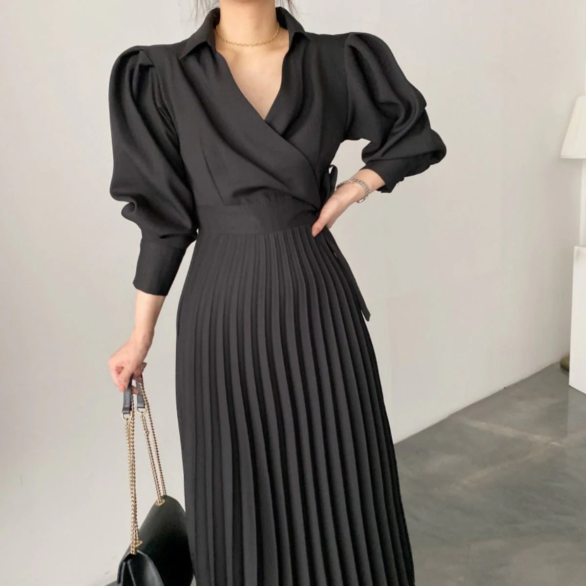 Lapel Bow Tie Waist Dress | Skinny Bubble Sleeve Pleated Midi Dress (MA240) - Image 7