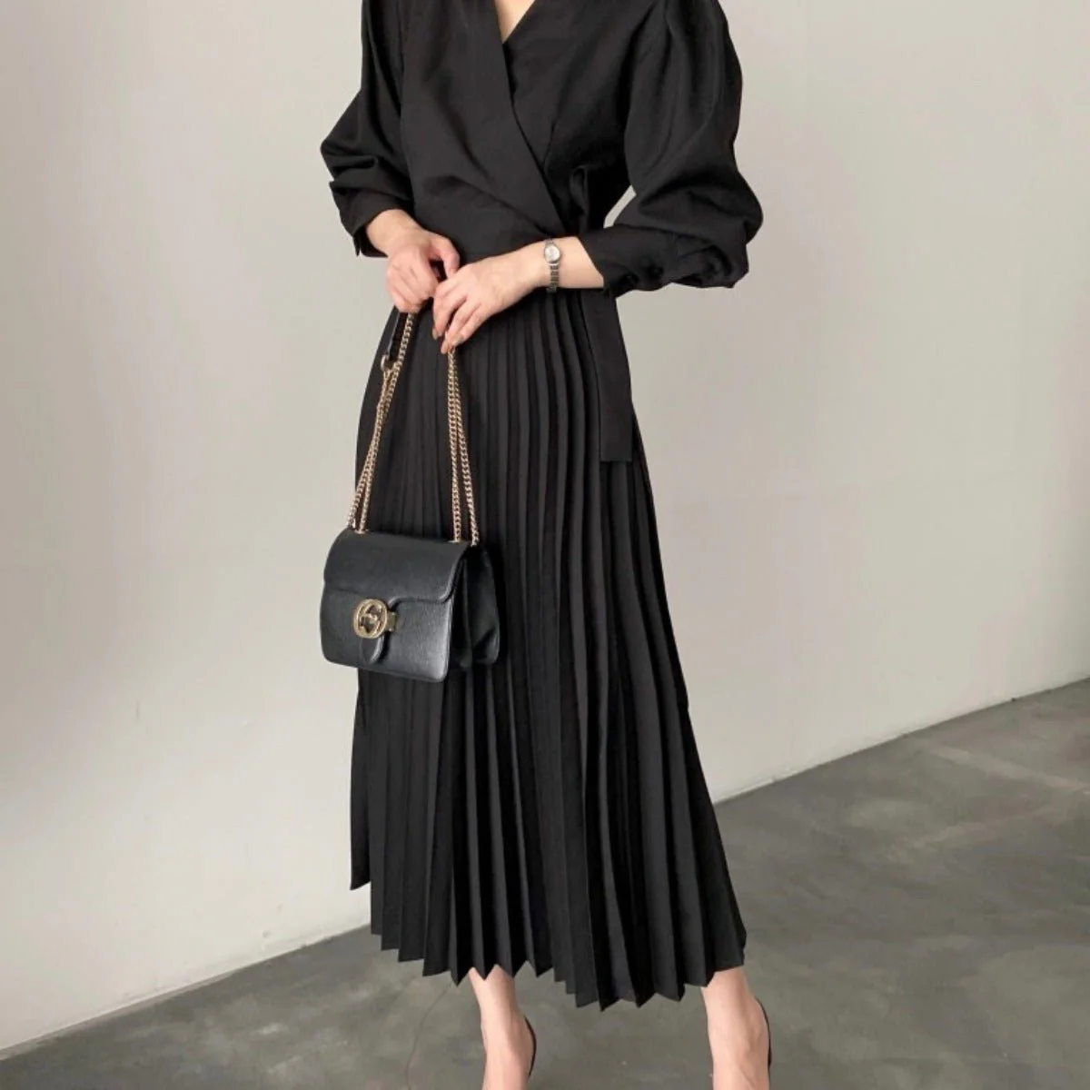 Lapel Bow Tie Waist Dress | Skinny Bubble Sleeve Pleated Midi Dress (MA240) - Image 8