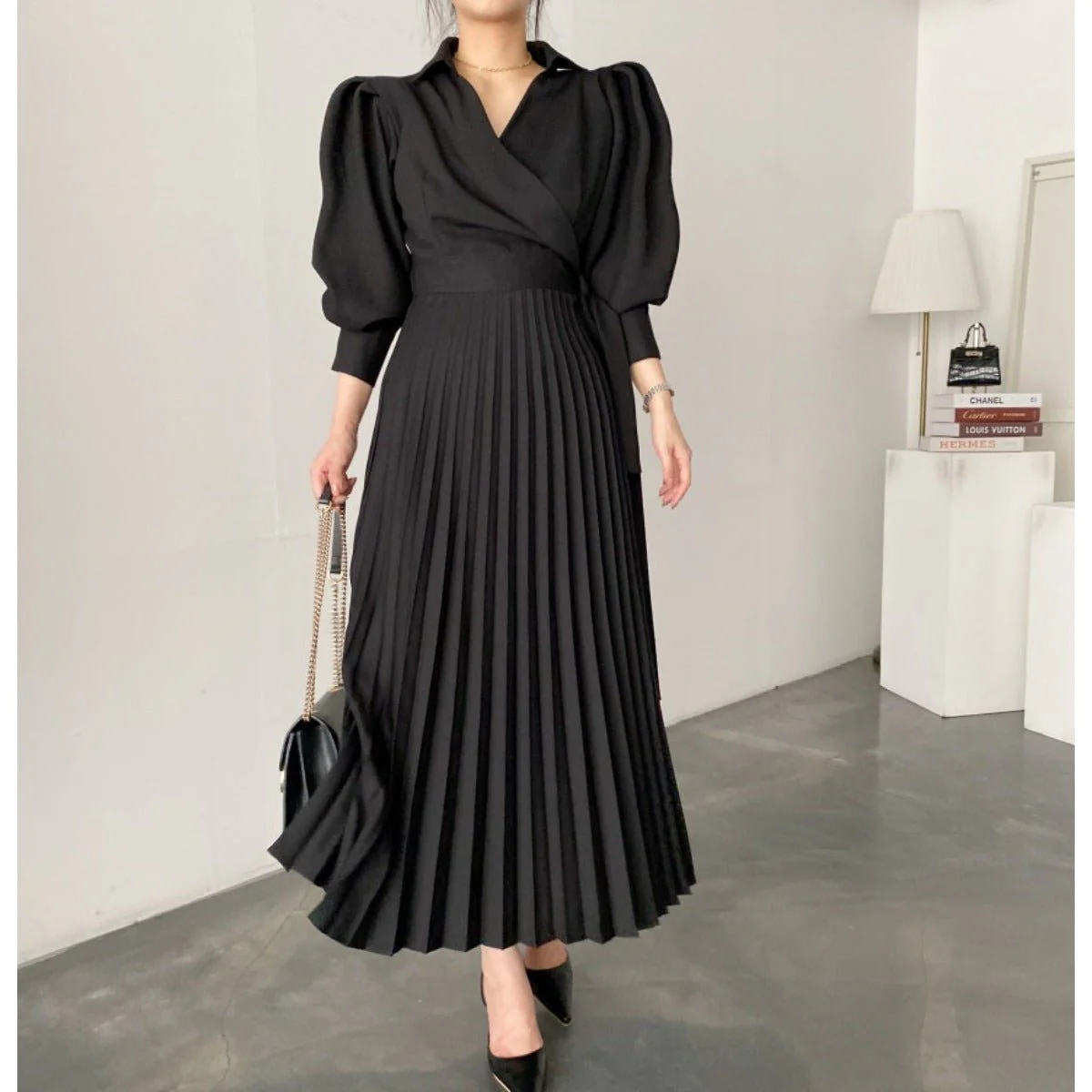Lapel Bow Tie Waist Dress | Skinny Bubble Sleeve Pleated Midi Dress (MA240) - Image 9