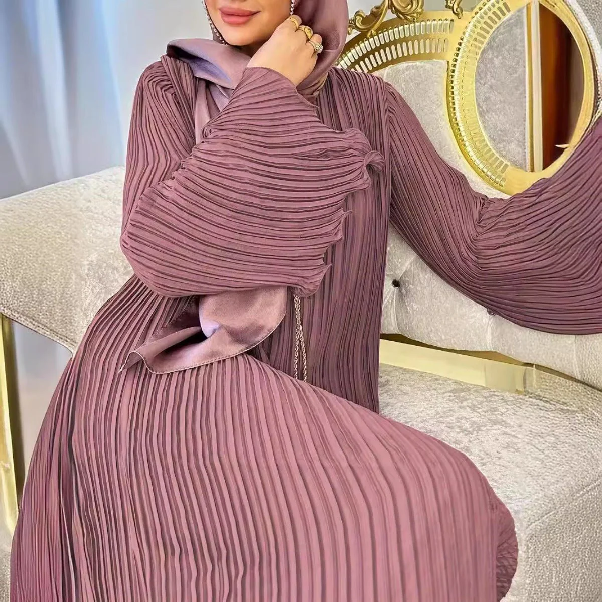 Lavender Dream Pleated Abaya | Modest Bell Sleeve Maxi Dress (MA263) - Image 3