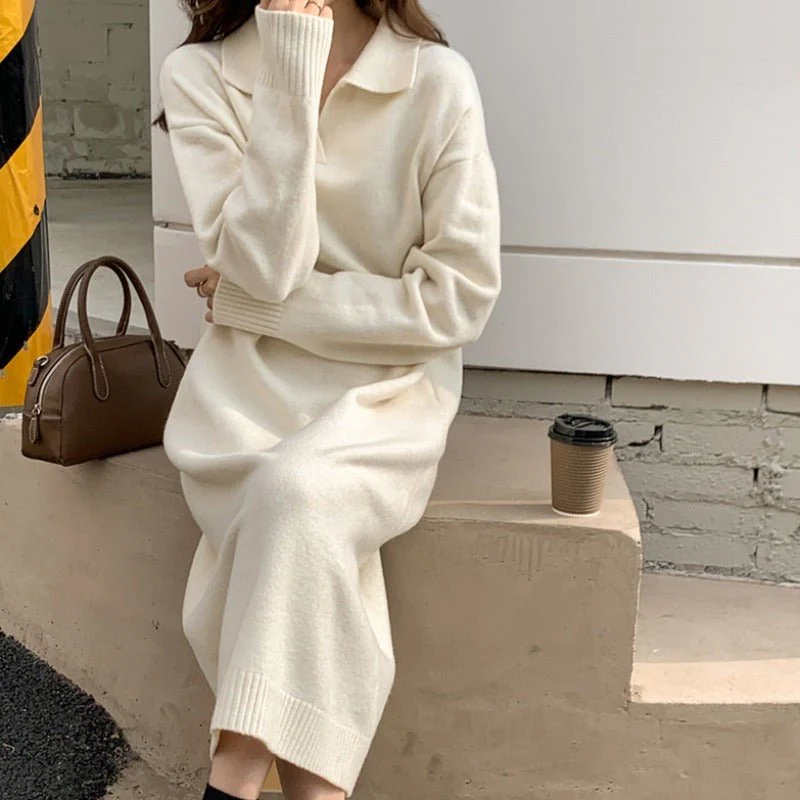 Lazy Style Polo Collar Knit Maxi Dress | Thick Sweater Base Layer Dress(MS157)