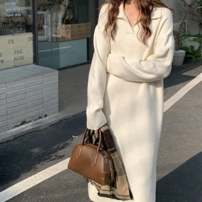 Lazy Style Polo Collar Knit Maxi Dress | Thick Sweater Base Layer Dress(MS157) - Image 2