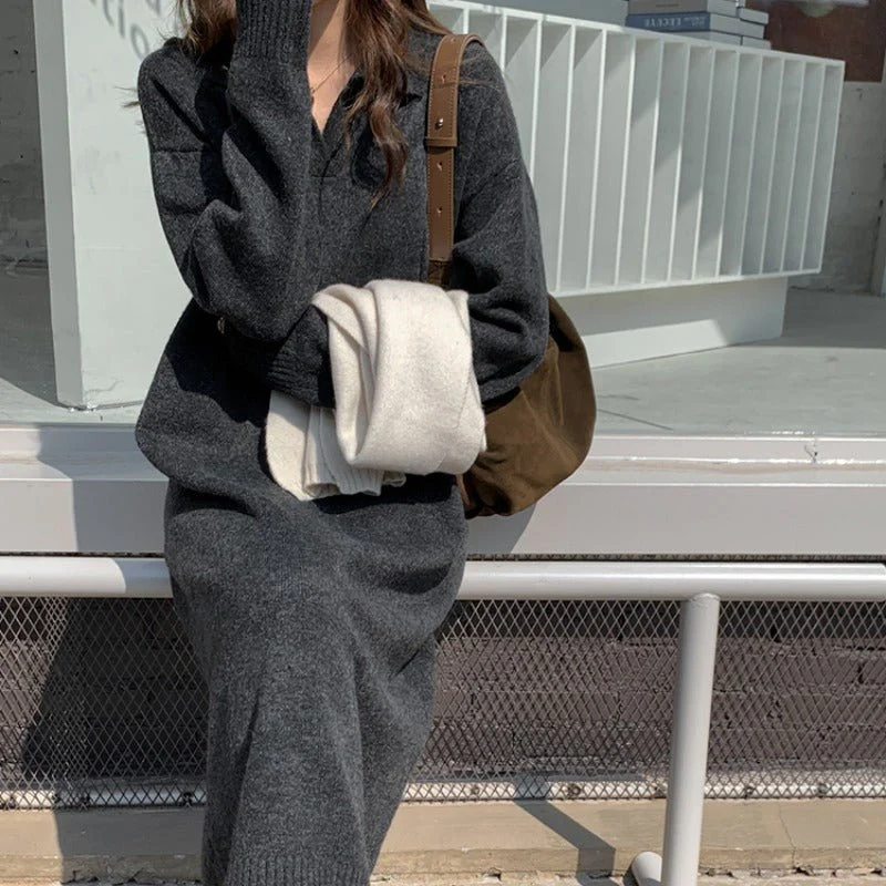 Lazy Style Polo Collar Knit Maxi Dress | Thick Sweater Base Layer Dress(MS157) - Image 3